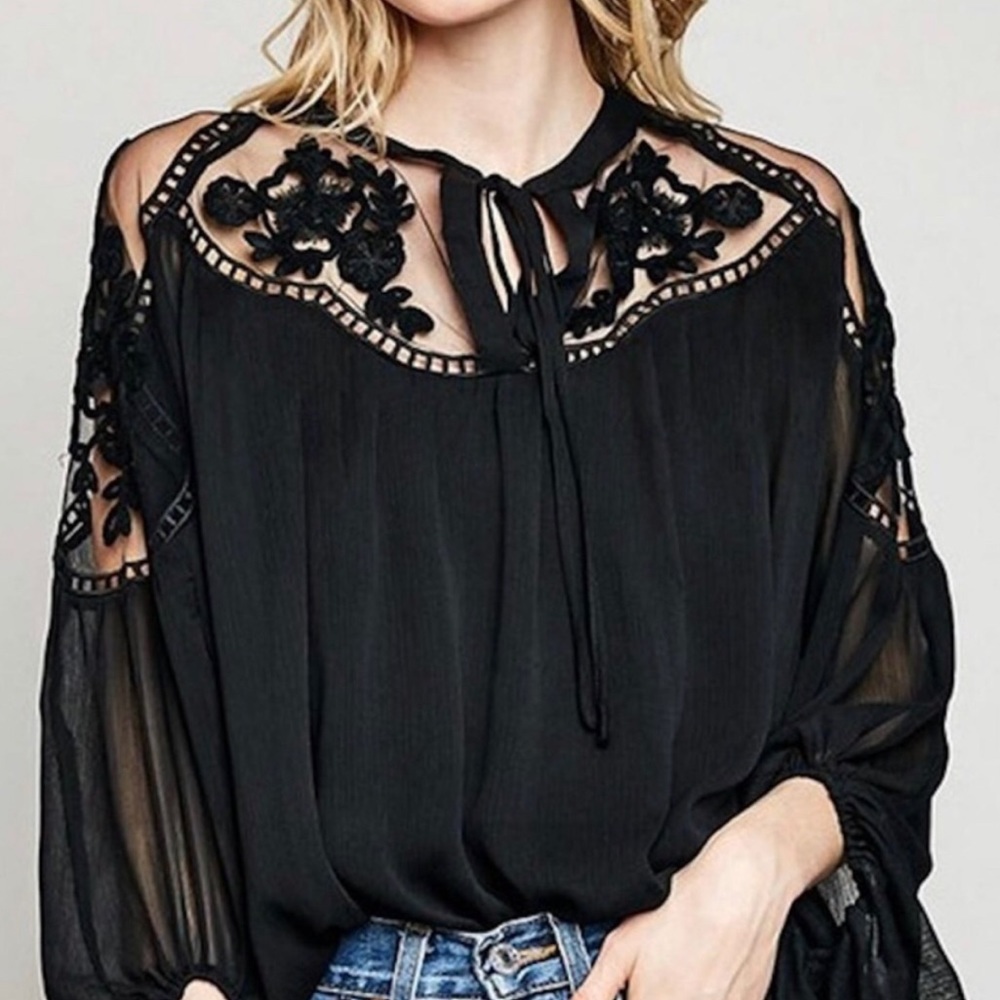 NWT Black Chiffon Romantic Lace Blouse Top